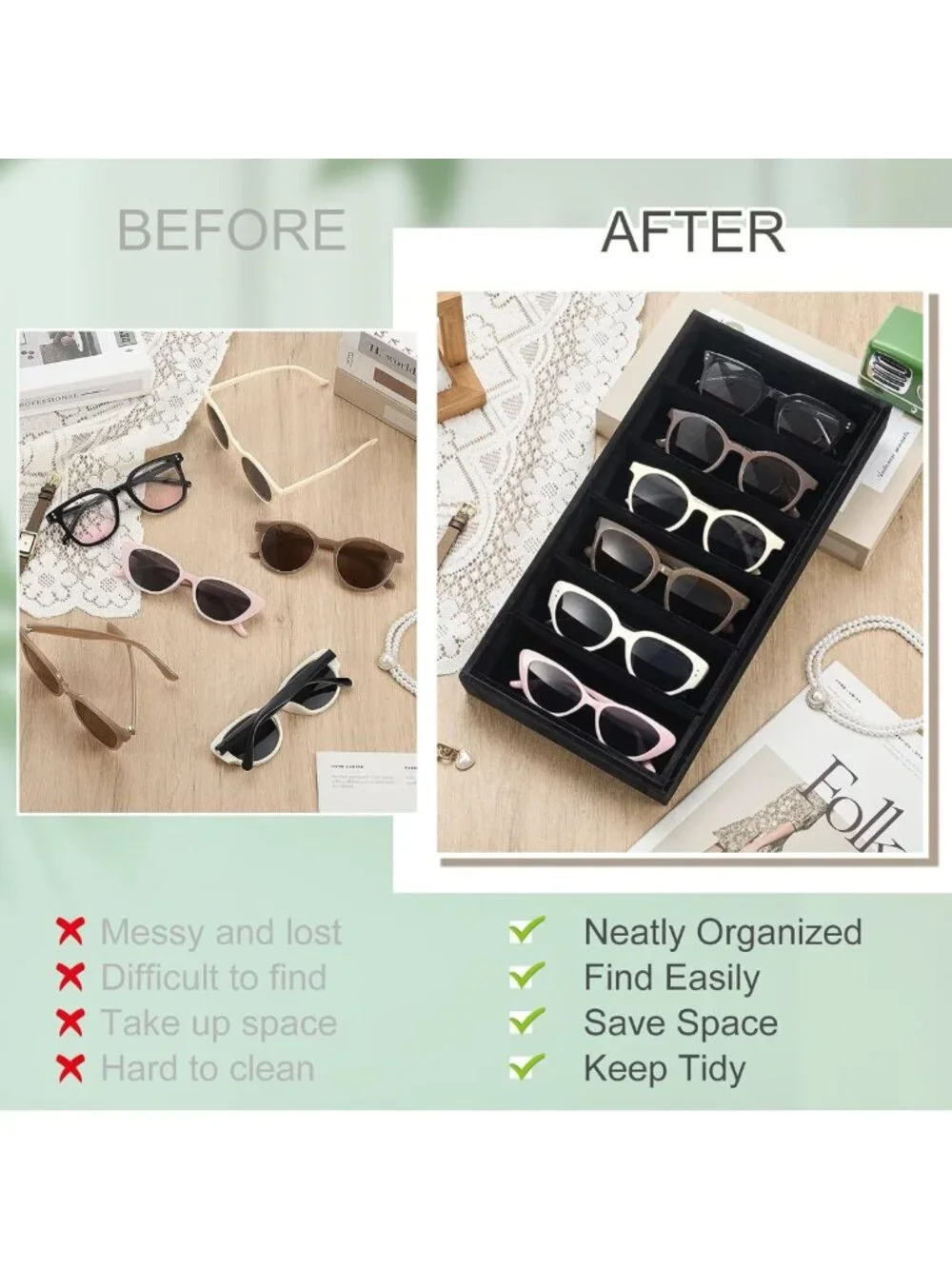 4-Piece Velvet Sunglasses Organizer Tray - Stackable 6-Grid Display for Glasses